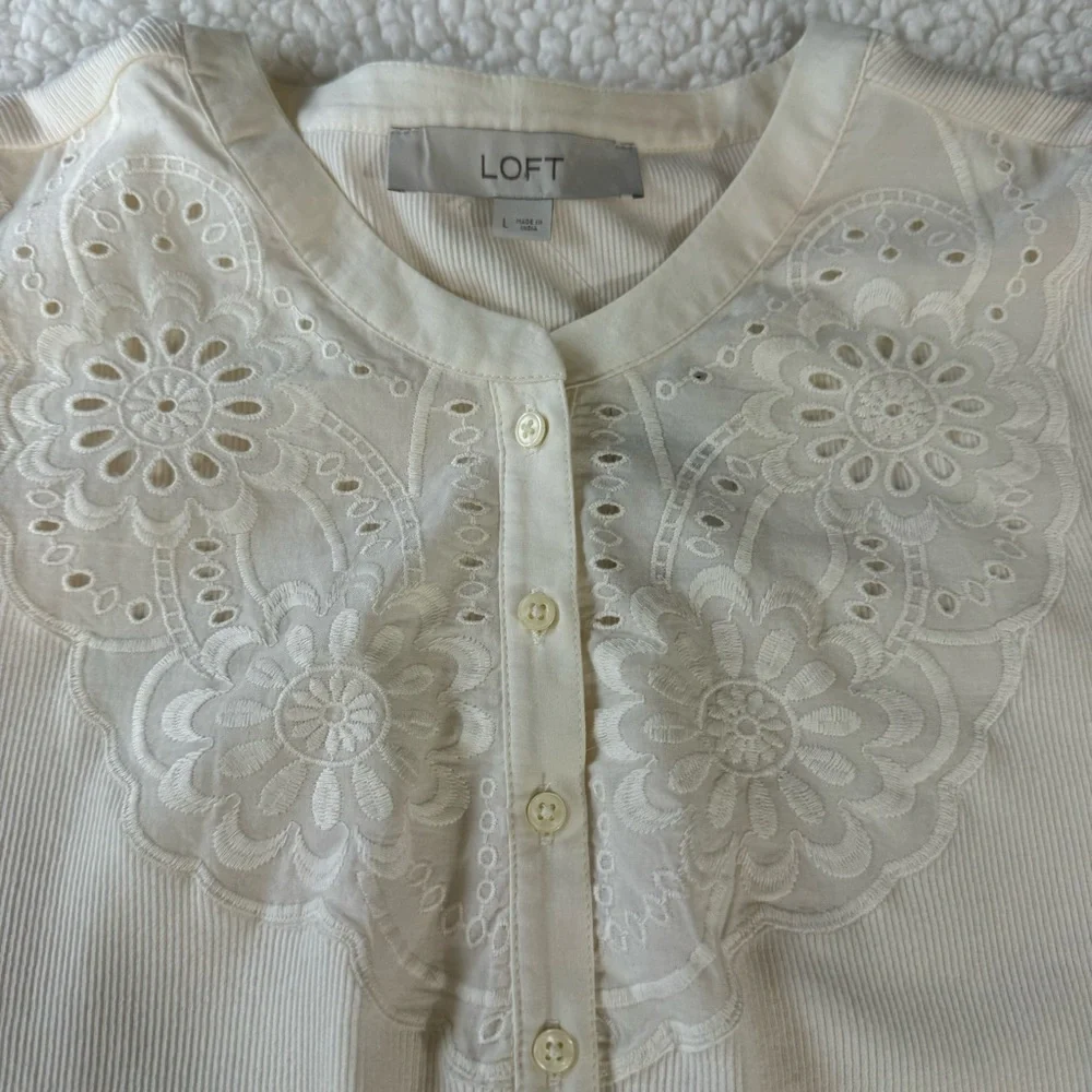 Loft Eyelet Yoke Mixed Media Top in Ecru Ivory Cream Size L Large #596116